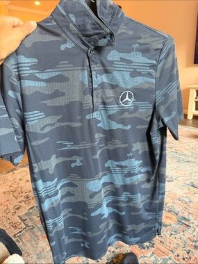 Travis Mathew Navy Blue Camo Polo with Mercedes Emblem